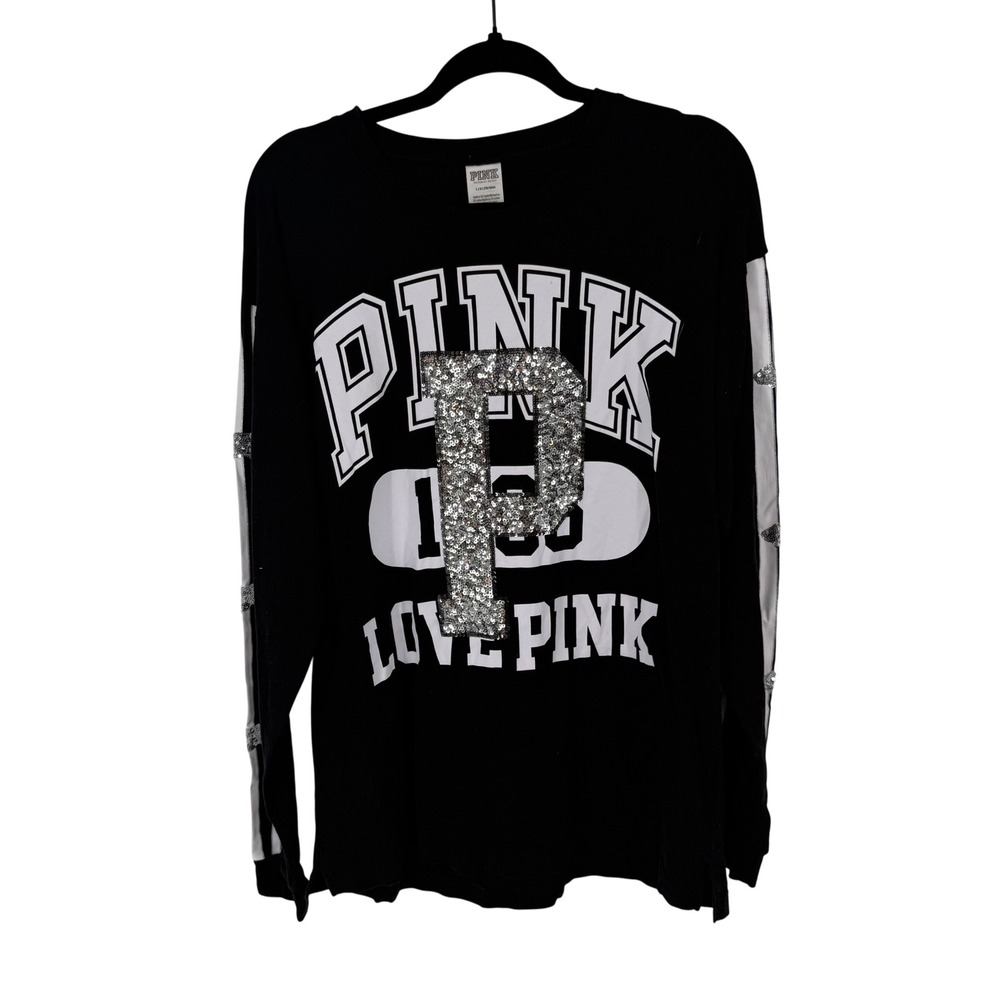Victoria's Secret PINK Long Sleeve Tee Women L Black Dog Sequin Graphic RARE HTF